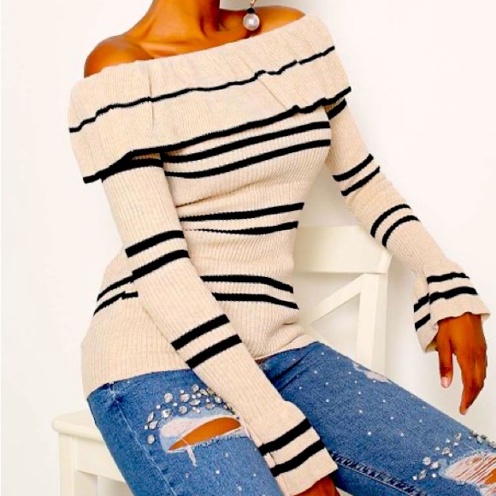 Misell Stone Stripe Bell-Cuff Off Shoulder Wool Blend Sweater Tan&Black Size S